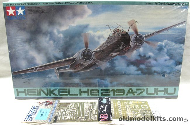Tamiya 1/48 Heinkel He-219 A-7 Uhu 'Owl' + MB and Eduard Brass PE Detail Sets, 61057-3600 plastic model kit